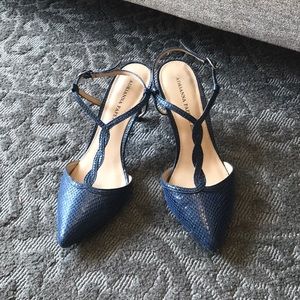 Adrianna Papell blue snake skin heels.